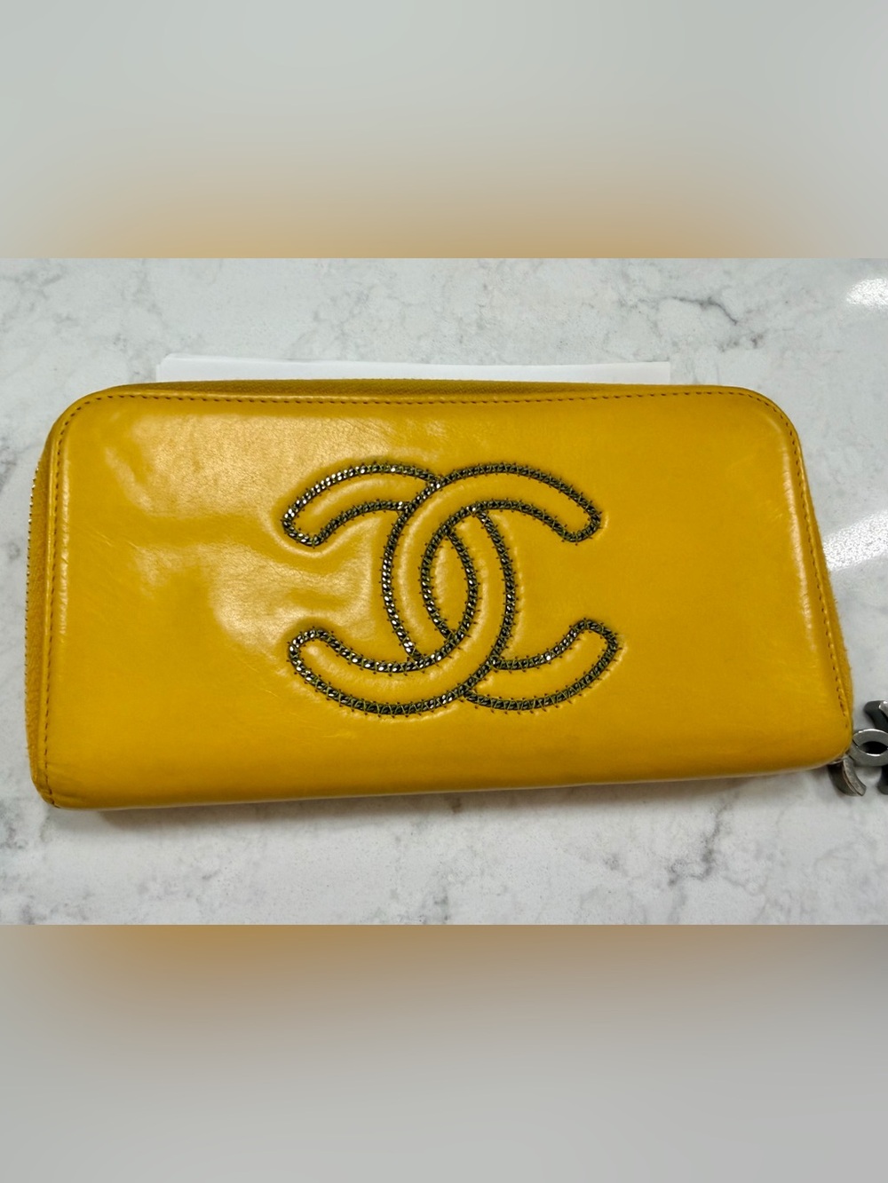 CHANEL Mustard Yellow Quilted CC Zip Wallet